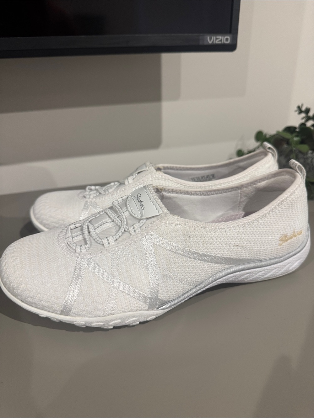 Skechers Women's White Slip-On Knit Athletic Sneakers
